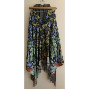 NEW Magic Women's OS Floral Iris Art Shawl Sweater Button Wrap Fringe Hem